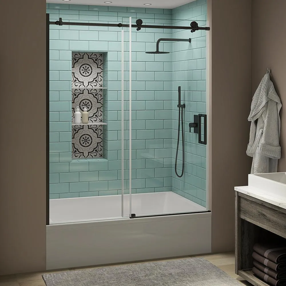 Coraline XL 56 - 60 in. x 70 in. Frameless Sliding Tub Door with StarCast Clear Glass in Brushed Gold, Left Opening, photo 19 of 23