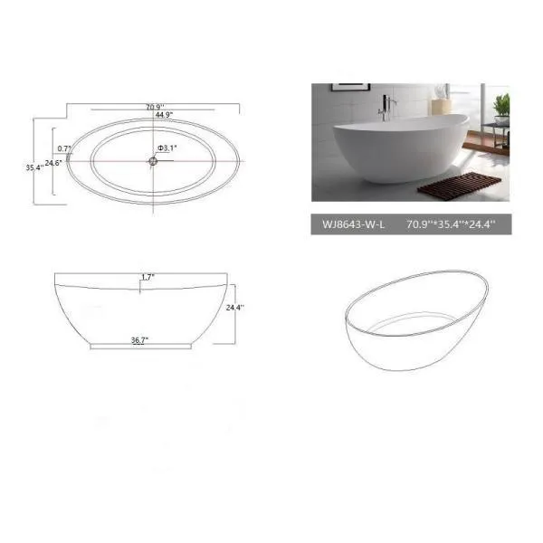71 in. Stone Resin Flatbottom Freestanding Non-Whirlpool Bathtub in White Matt, photo 5 of 6