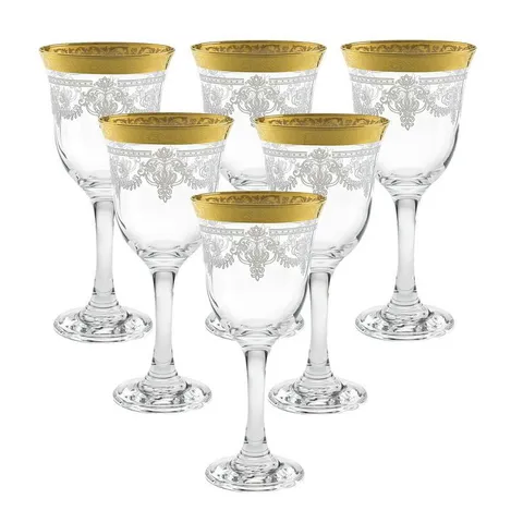 Red Wine Stencil Pattern and Gold Band (Set of 6)