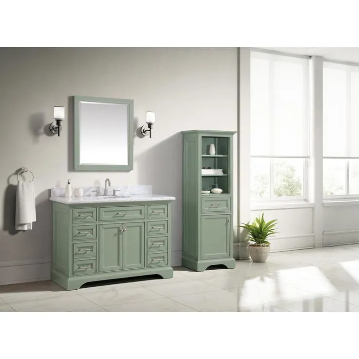 Windlowe 49 in. W x 22 in. D x 35 in. H Bath Vanity in Green with Carrera Marble Vanity Top in White with White Sink, photo 3 of 17