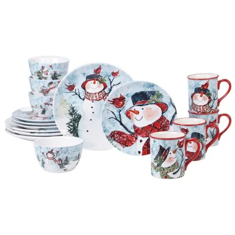 Watercolor Snowman 16-Piece Holiday Multicolored Earthenware Dinnerware Set