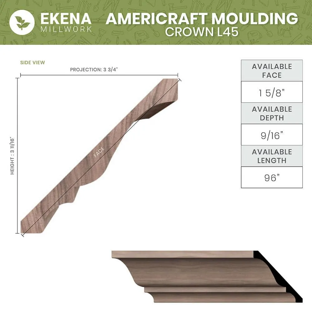 Ekena Millwork WM45 0.59 in. D x 5.25 in. W x 96 in. L Wood (Finger Joint Pine) Crown Molding, photo 2 of 13