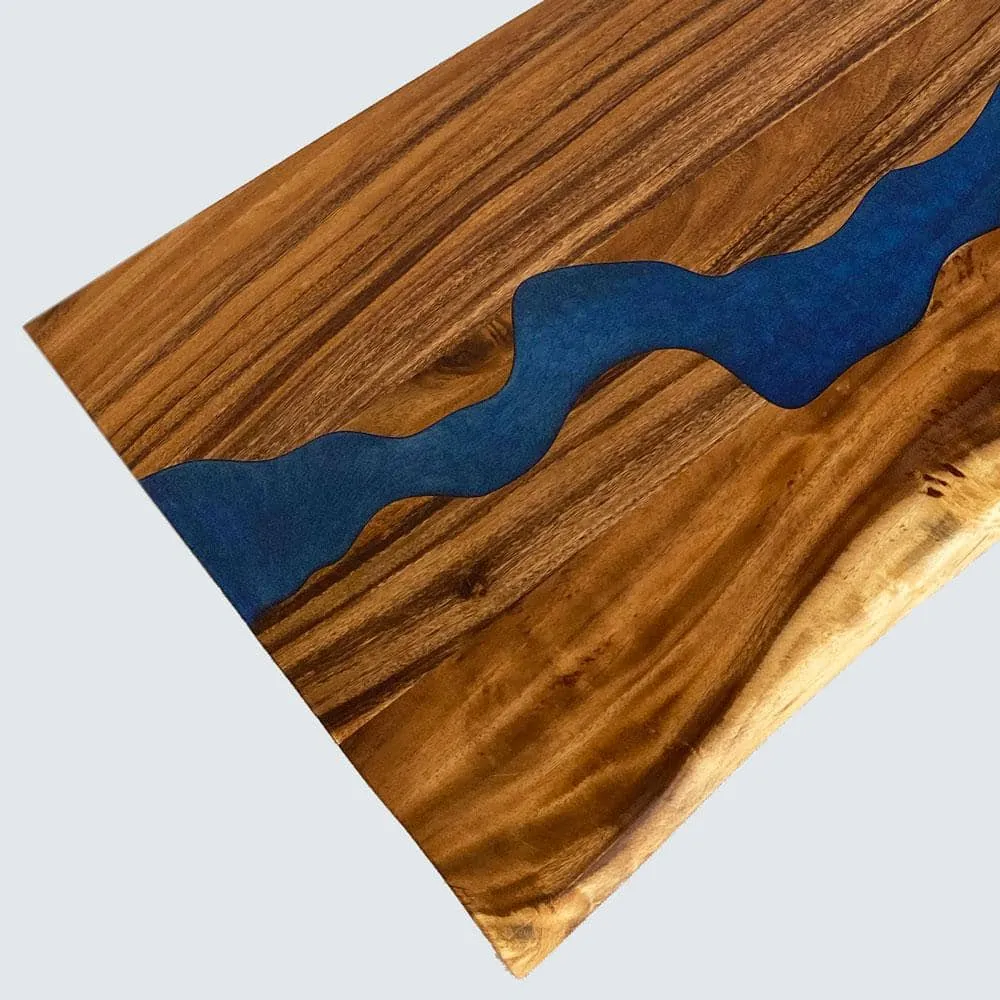 HARDWOOD REFLECTIONS 5 ft. L x 30 in. D UV Finished Saman Solid Wood Butcher Block Desktop Countertop With Live Edge and Blue Epoxy River, photo 6 of 8