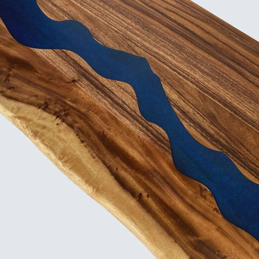 HARDWOOD REFLECTIONS 5 ft. L x 30 in. D UV Finished Saman Solid Wood Butcher Block Desktop Countertop With Live Edge and Blue Epoxy River, photo 7 of 8