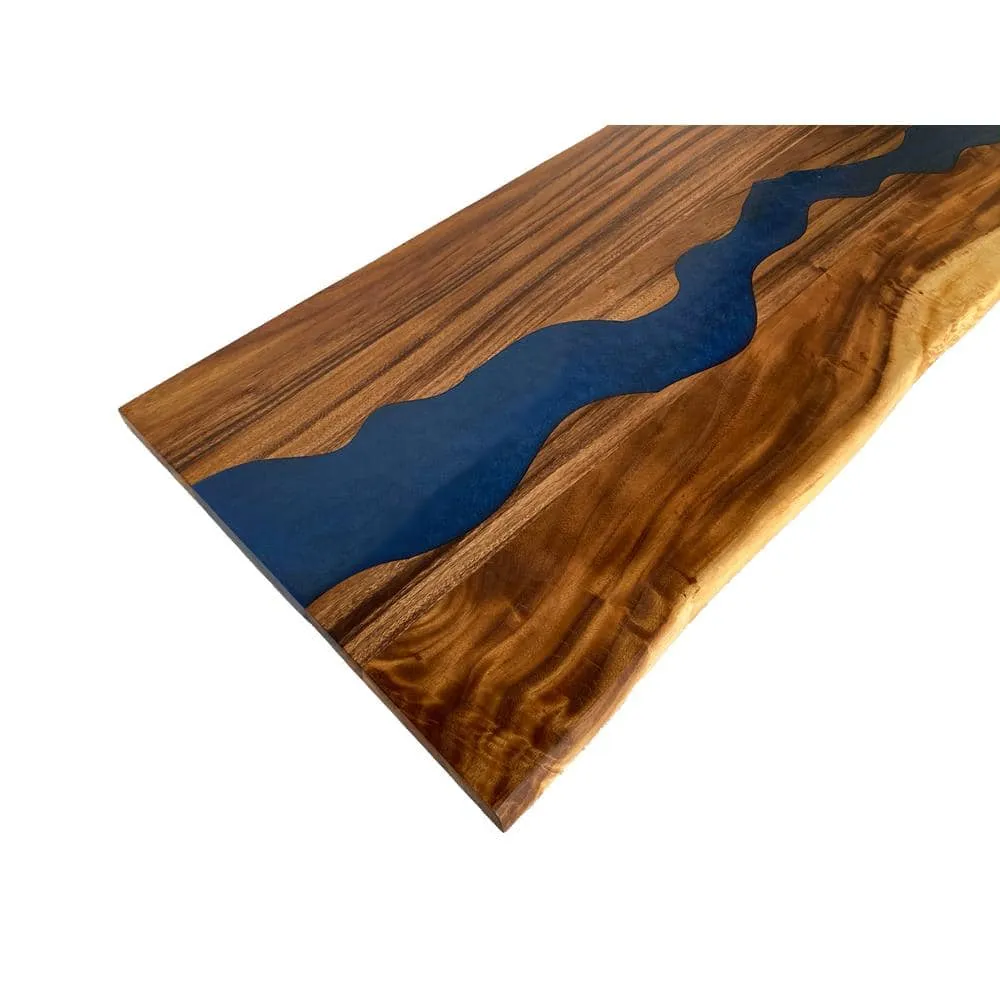 HARDWOOD REFLECTIONS 5 ft. L x 30 in. D UV Finished Saman Solid Wood Butcher Block Desktop Countertop With Live Edge and Blue Epoxy River, photo 5 of 8