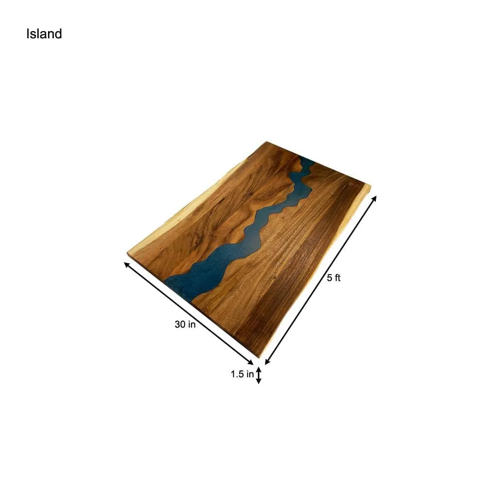 HARDWOOD REFLECTIONS 5 ft. L x 30 in. D UV Finished Saman Solid Wood Butcher Block Desktop Countertop With Live Edge and Blue Epoxy River, photo 3 of 8