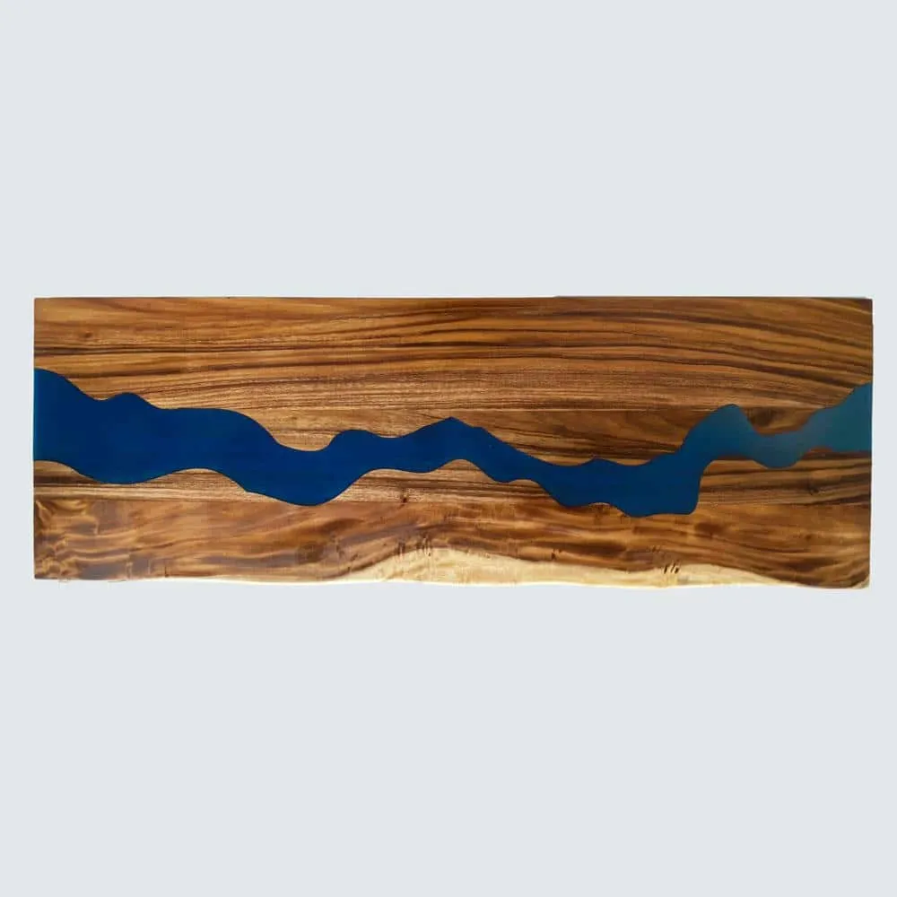 HARDWOOD REFLECTIONS 5 ft. L x 30 in. D UV Finished Saman Solid Wood Butcher Block Desktop Countertop With Live Edge and Blue Epoxy River, photo 4 of 8