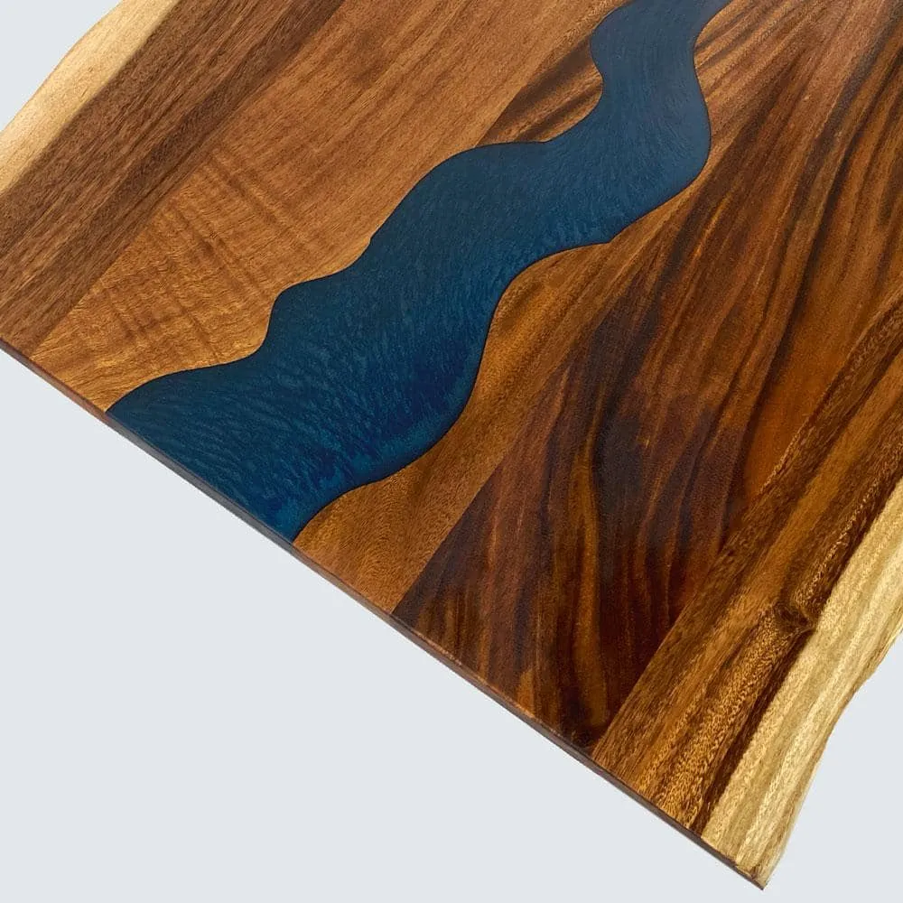 HARDWOOD REFLECTIONS 5 ft. L x 30 in. D UV Finished Saman Solid Wood Butcher Block Desktop Countertop With Live Edge and Blue Epoxy River, photo 2 of 8