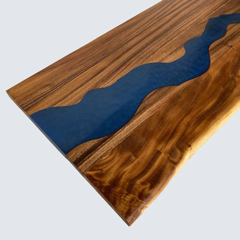 HARDWOOD REFLECTIONS 5 ft. L x 30 in. D UV Finished Saman Solid Wood Butcher Block Desktop Countertop With Live Edge and Blue Epoxy River, photo 8 of 8