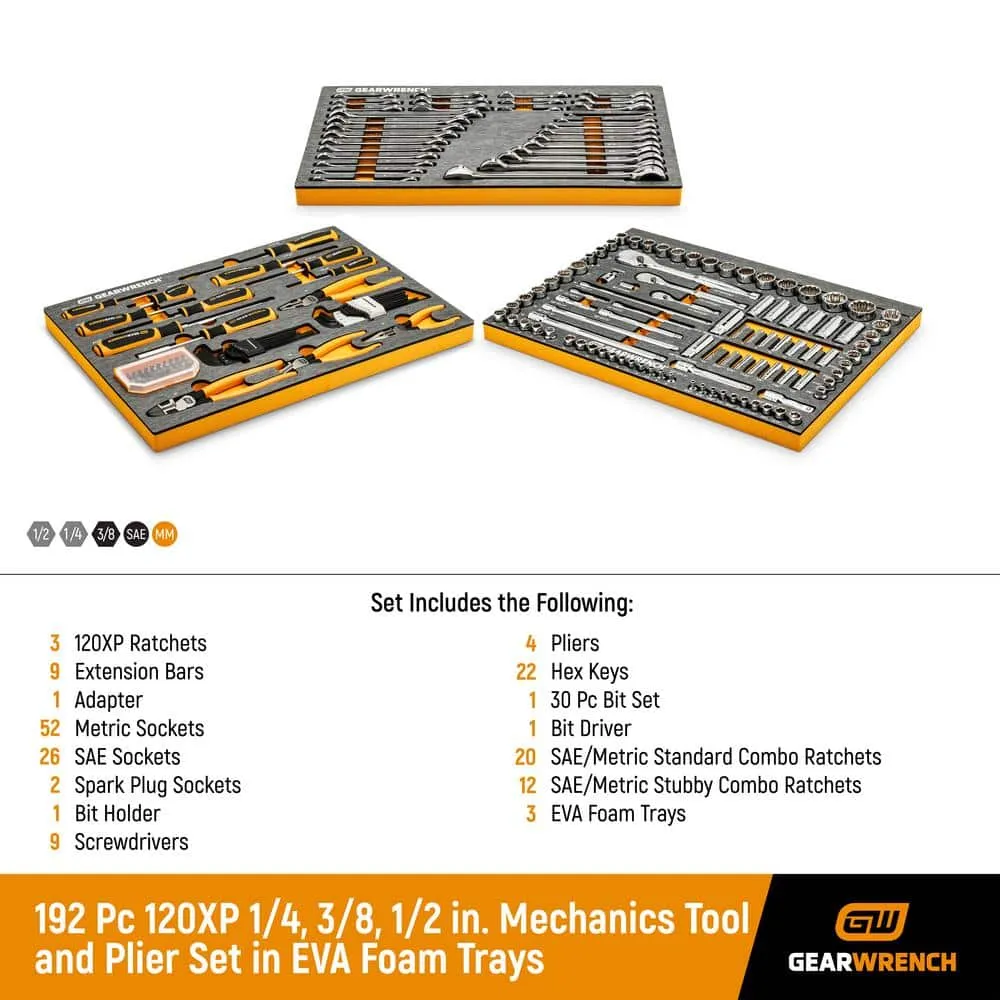 GEARWRENCH 120 XP 1/4 in., 3/8 in., 1/2 in. Plier and Mechanics Tool Set in EVA Foam Trays (192-Piece), photo 2 of 14