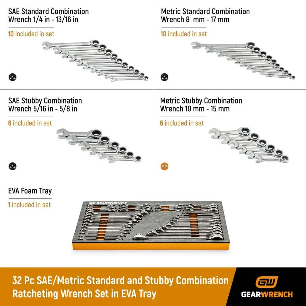 GEARWRENCH SAE/Metric Standard and Stubby Combination Ratcheting Wrench Set in EVA Tray (32-Piece), photo 2 of 8