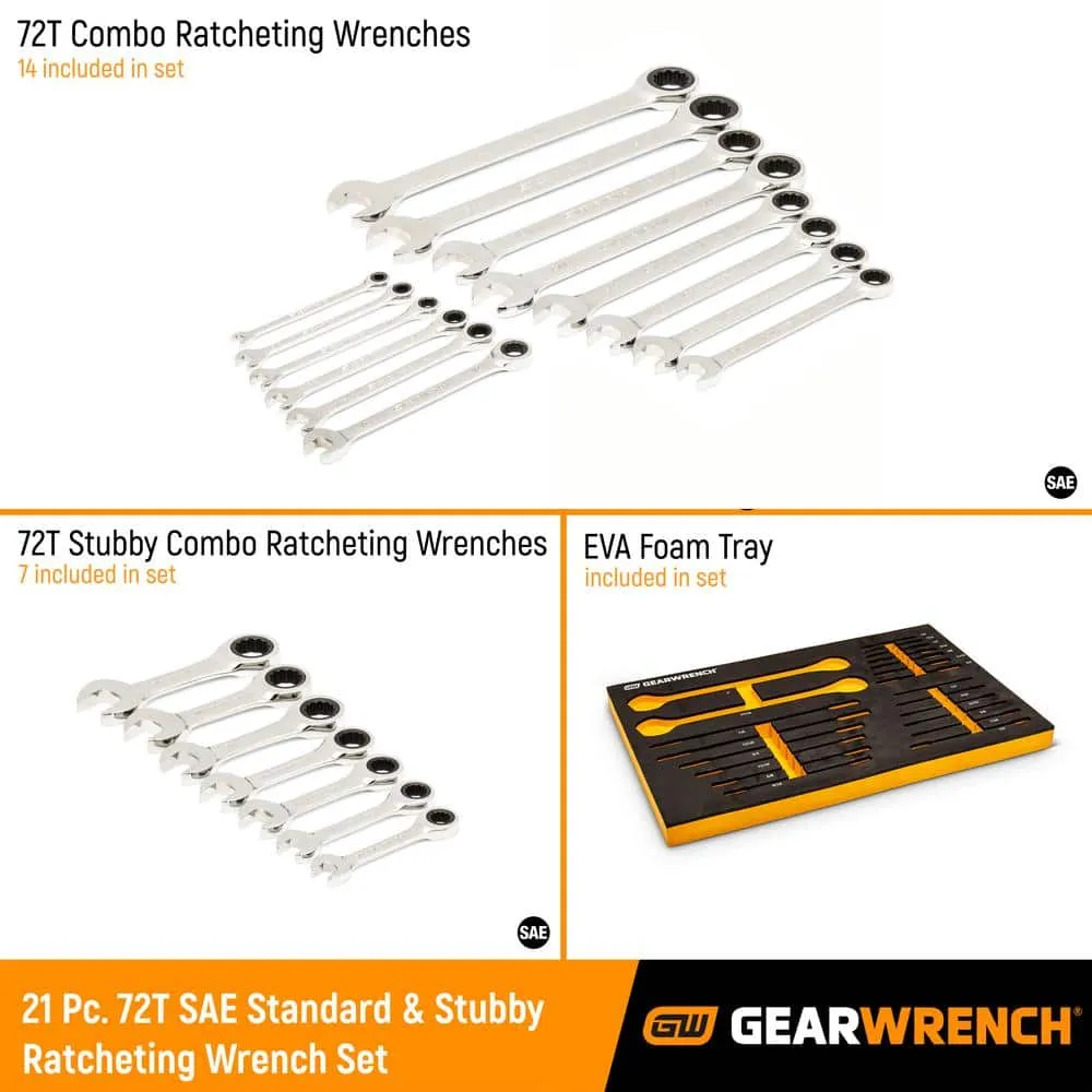 GEARWRENCH 21-Piece 72T SAE Standard and Stubby Ratcheting Wrench Set with EVA Foam Tray, photo 2 of 11