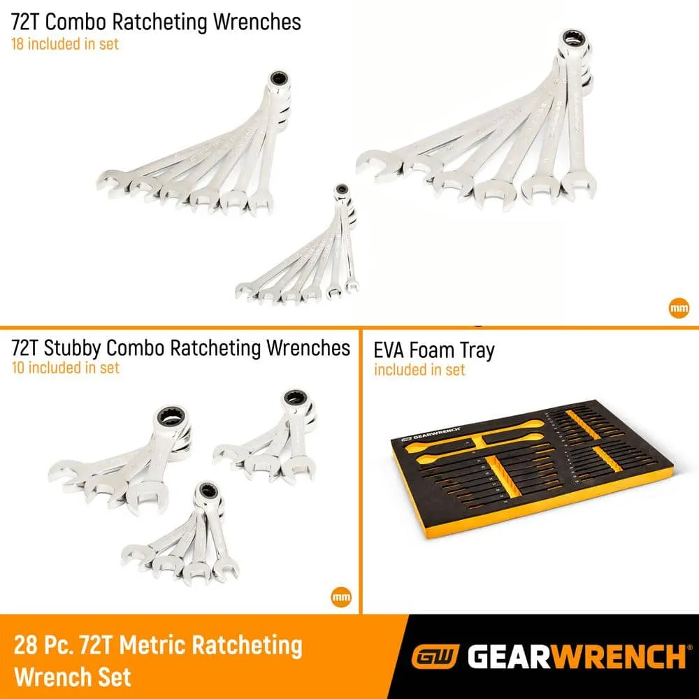 GEARWRENCH 28-Piece 72T Metric Standard and Stubby Ratcheting Wrench Set with EVA Foam Tray, photo 2 of 11