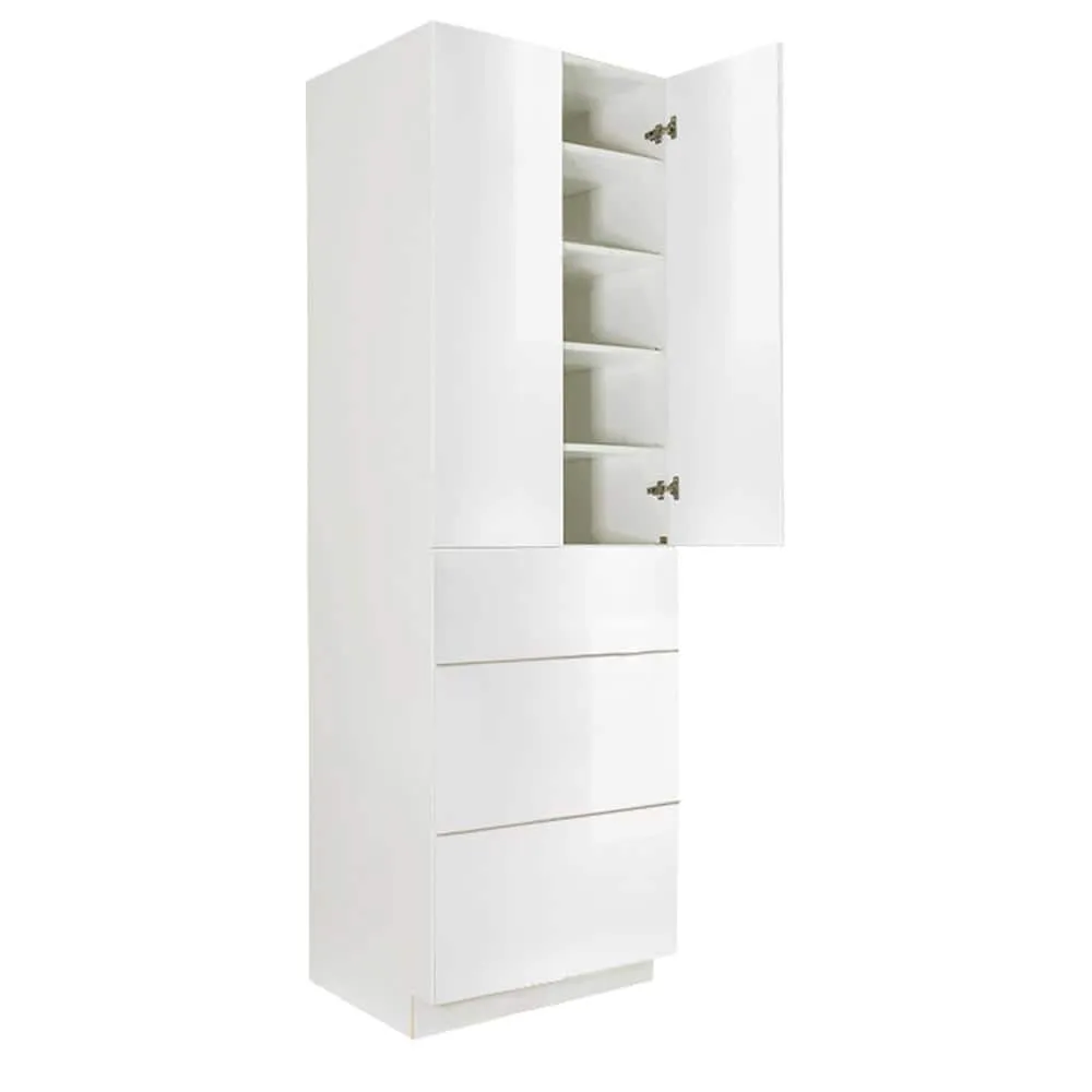 LIFEART CABINETRY Valencia Assembled 24-in. W x 24-in. D x 90-in. H in Gloss White Plywood Assembled 3-Drawer Pantry Kitchen Cabinet, photo 4 of 5