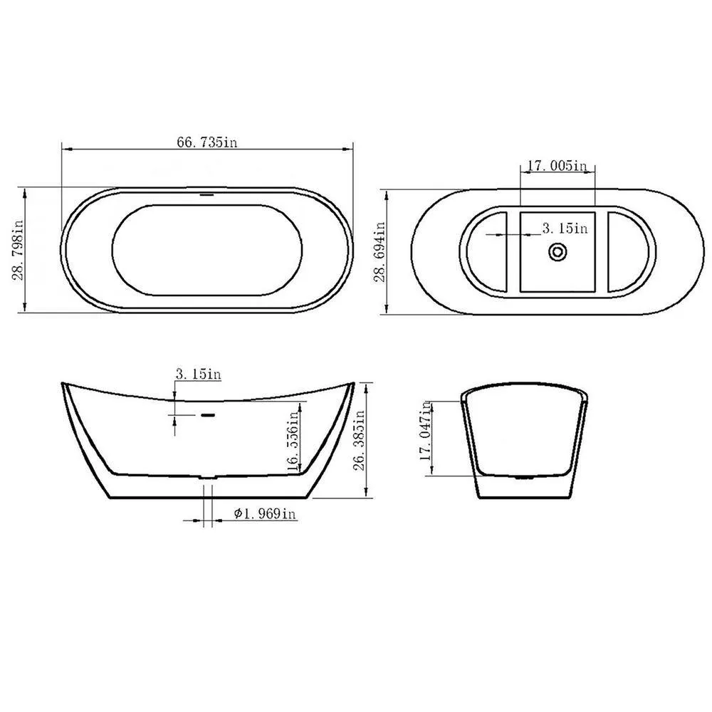 AKDY Freestanding 67 in. Fiberglass Double Slipper Flatbottom Modern Stand Alone Non-Whirlpool Bathtub in Matte Black, photo 7 of 7