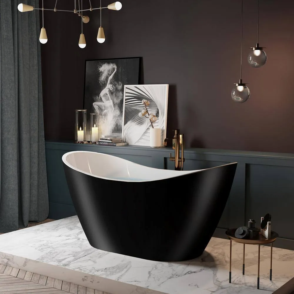 AKDY Freestanding 67 in. Fiberglass Double Slipper Flatbottom Modern Stand Alone Non-Whirlpool Bathtub in Matte Black, photo 4 of 7