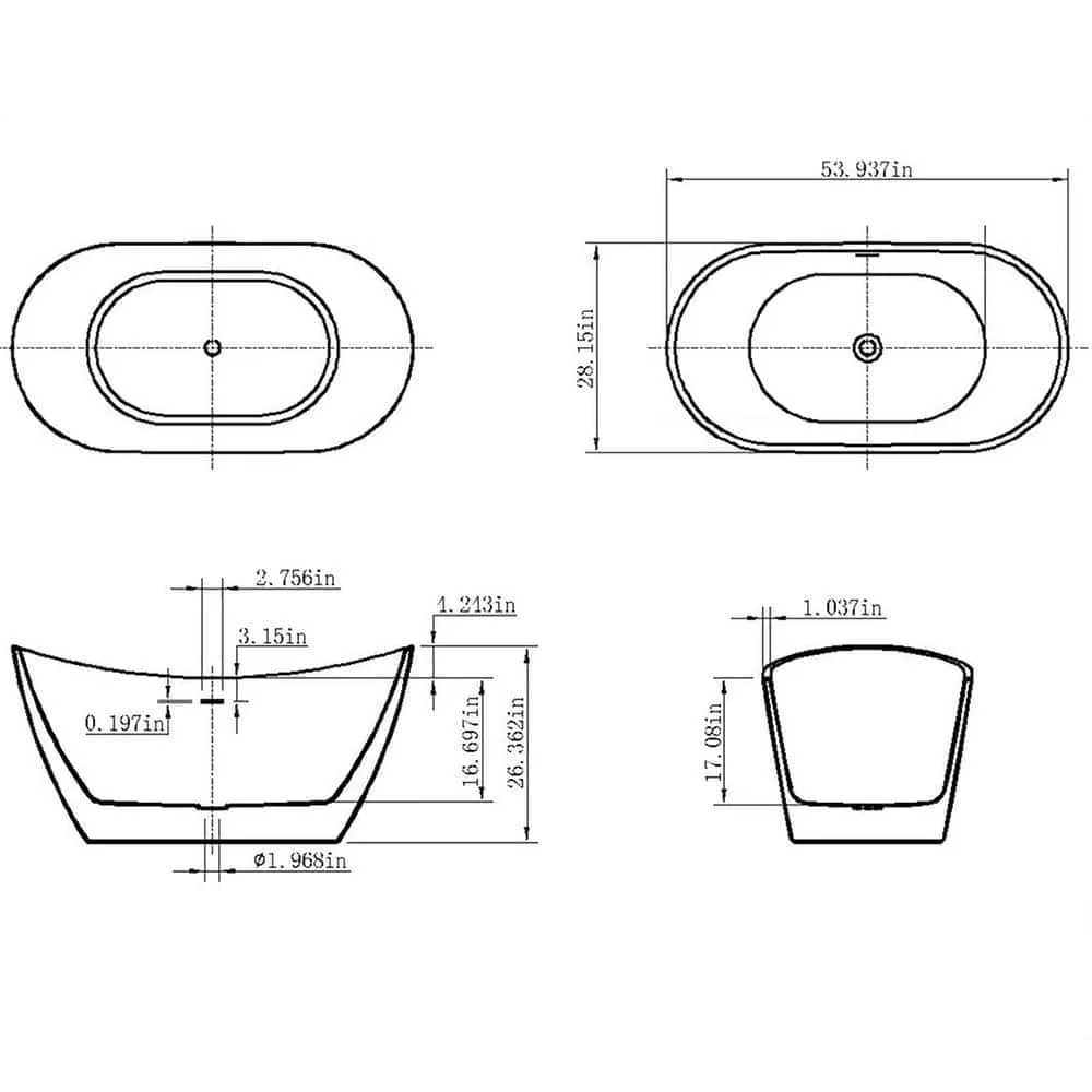 AKDY Freestanding 54 in. Fiberglass Double Slipper Flatbottom Modern Stand Alone Non-Whirlpool Bathtub in Matte Black, photo 6 of 6