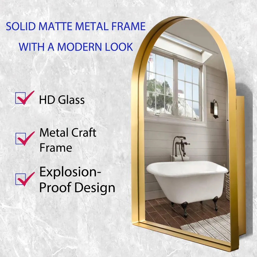 Tenleaf 24 in. W x 36 in. H Arched Recessed Metal Medicine Cabinet with Mirror and Adjustable Shelves in Matte Gold, photo 5 of 8