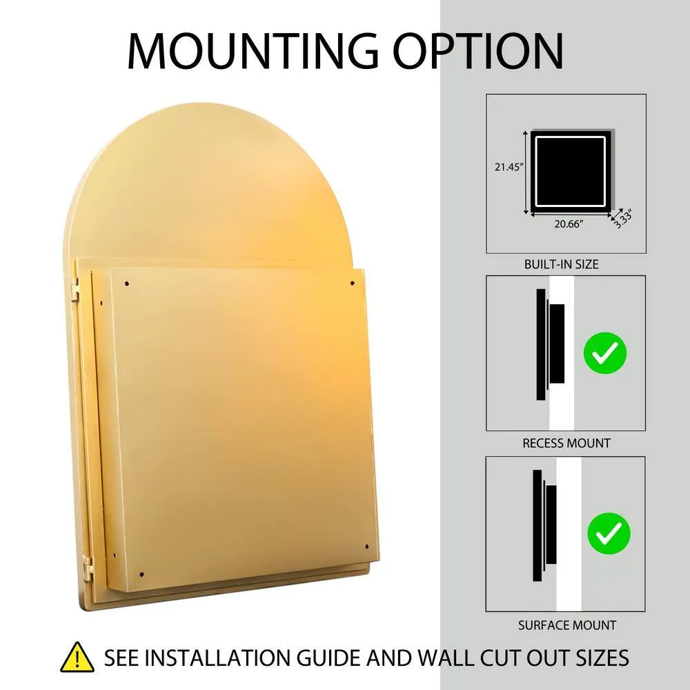 Tenleaf 24 in. W x 36 in. H Arched Recessed Metal Medicine Cabinet with Mirror and Adjustable Shelves in Matte Gold, photo 6 of 8