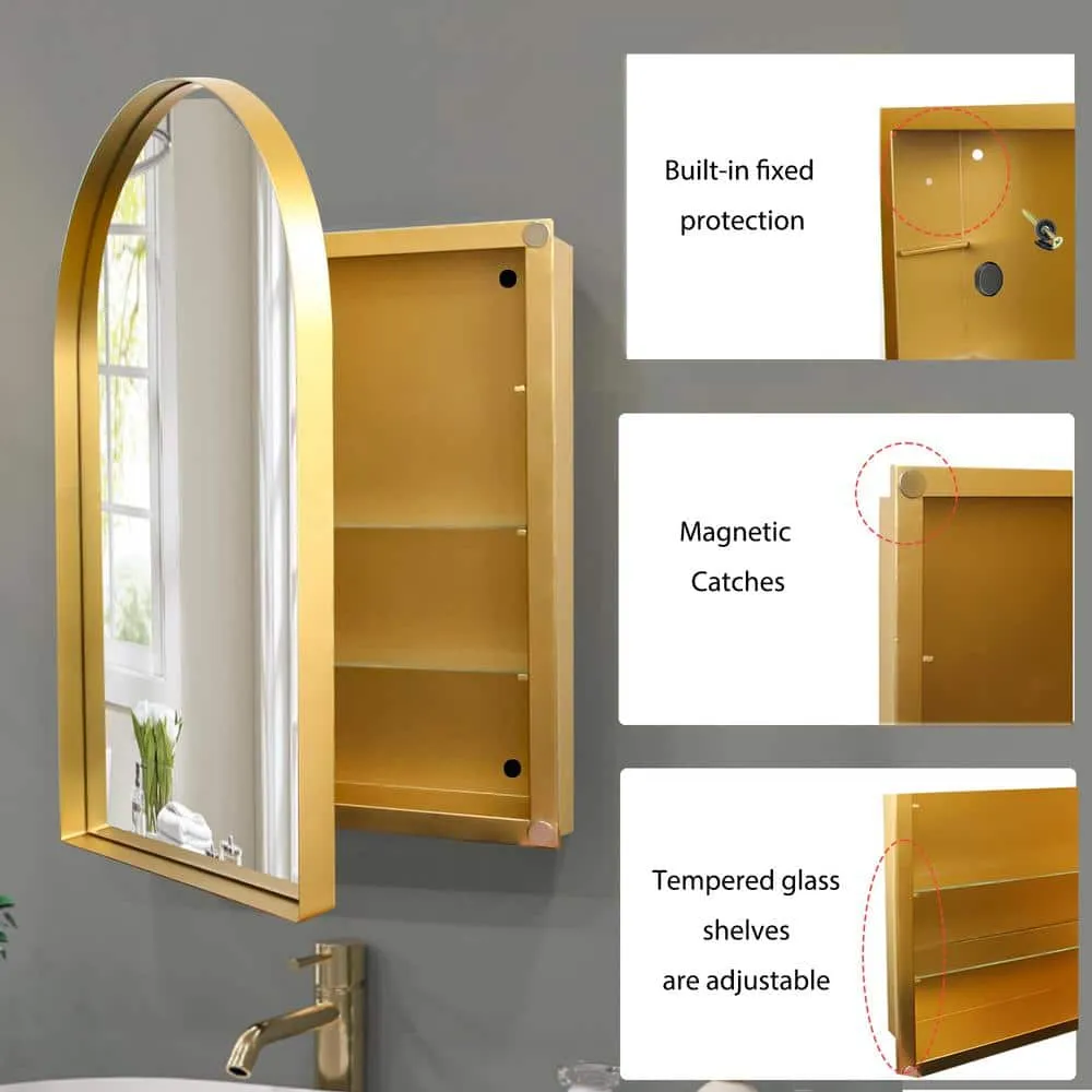 Tenleaf 24 in. W x 36 in. H Arched Recessed Metal Medicine Cabinet with Mirror and Adjustable Shelves in Matte Gold, photo 4 of 8