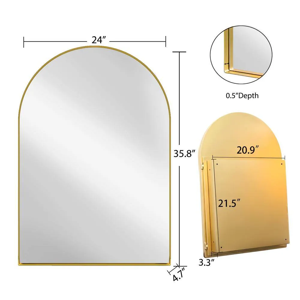 Tenleaf 24 in. W x 36 in. H Arched Recessed Metal Medicine Cabinet with Mirror and Adjustable Shelves in Matte Gold, photo 2 of 8