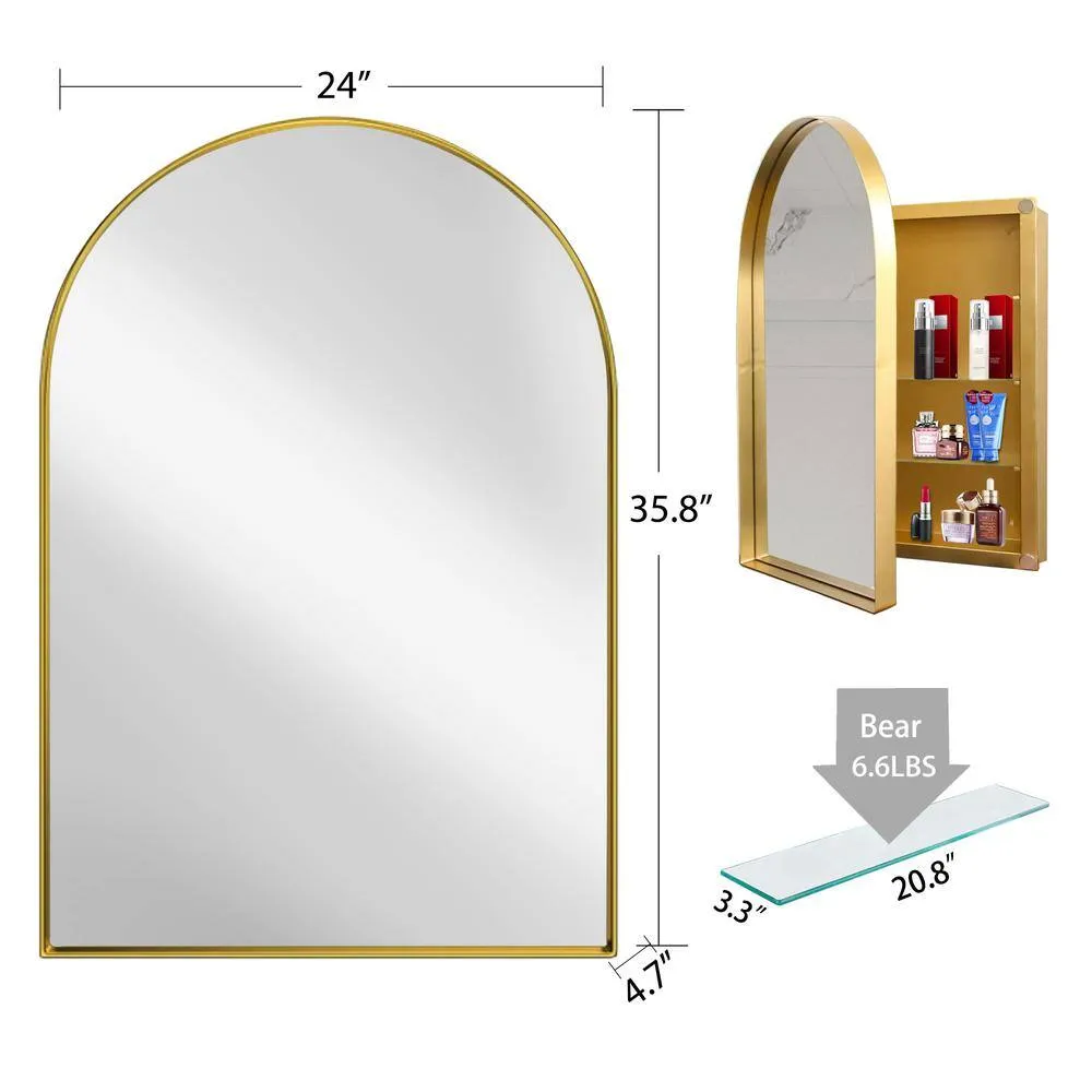 Tenleaf 24 in. W x 36 in. H Arched Recessed Metal Medicine Cabinet with Mirror and Adjustable Shelves in Matte Gold, photo 8 of 8