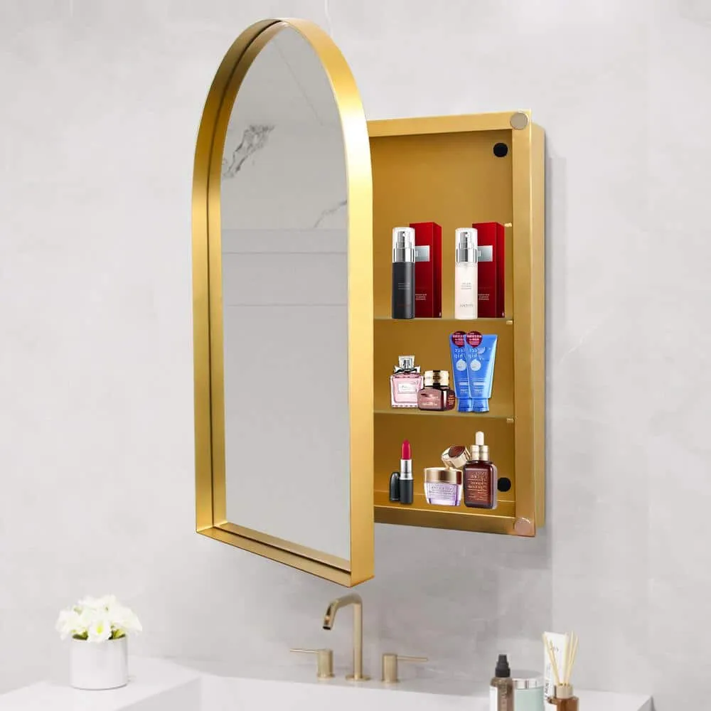 Tenleaf 24 in. W x 36 in. H Arched Recessed Metal Medicine Cabinet with Mirror and Adjustable Shelves in Matte Gold, photo 3 of 8