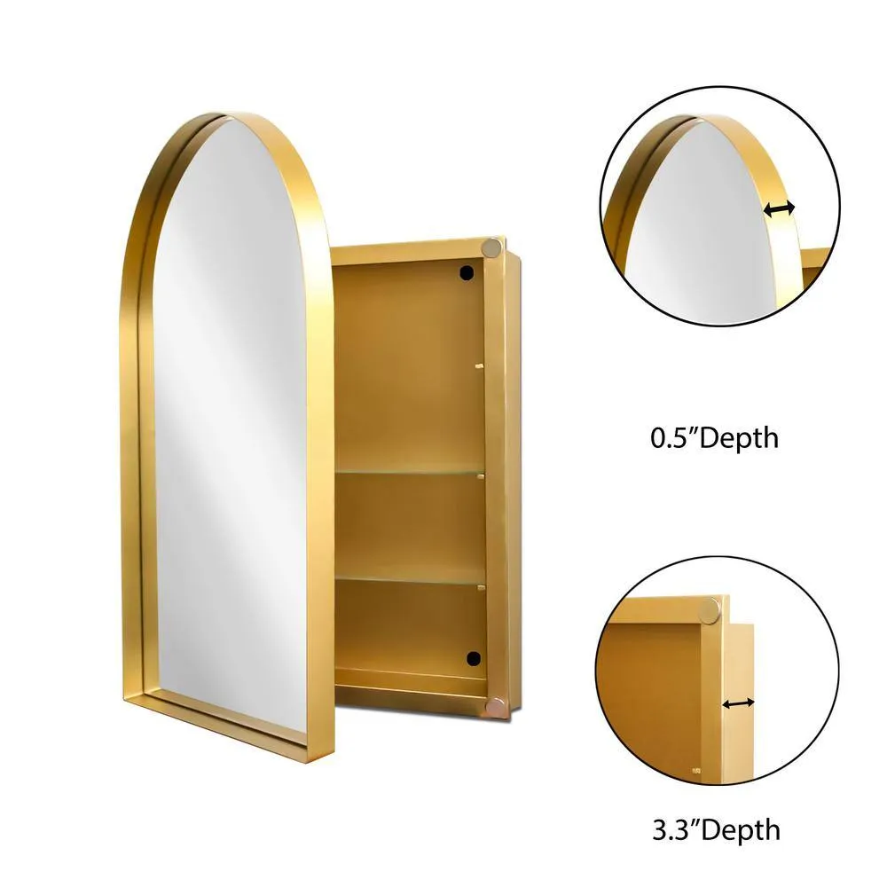Tenleaf 24 in. W x 36 in. H Arched Recessed Metal Medicine Cabinet with Mirror and Adjustable Shelves in Matte Gold, photo 7 of 8