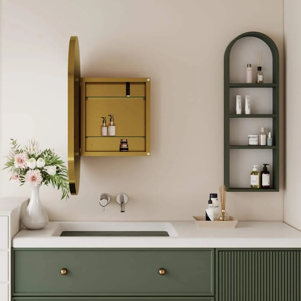 Tenleaf 20.47 in. W x 33.46 in. H Oval Metal Medicine Cabinet with Mirror, Wall Cabinet with Adjustable Shelves, Gold, photo 3 of 10