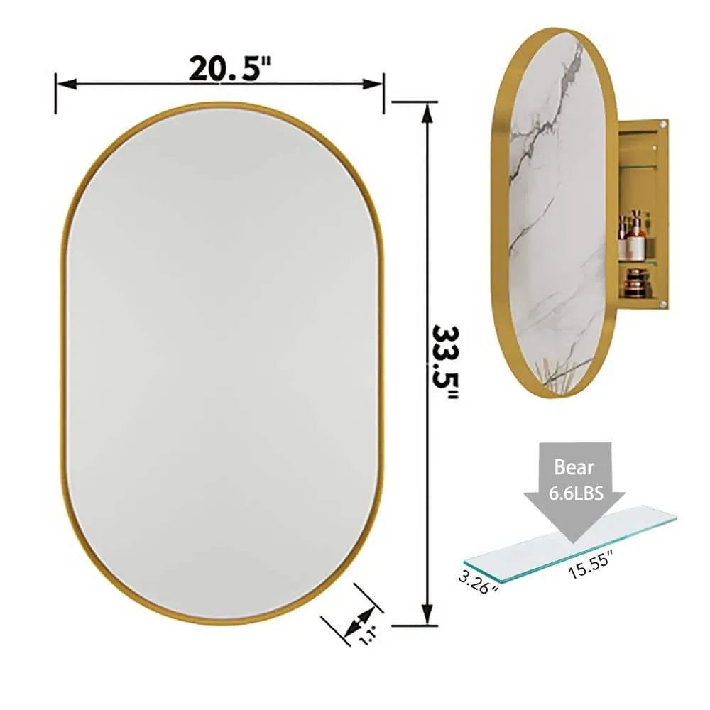 Tenleaf 20.47 in. W x 33.46 in. H Oval Metal Medicine Cabinet with Mirror, Wall Cabinet with Adjustable Shelves, Gold, photo 8 of 10