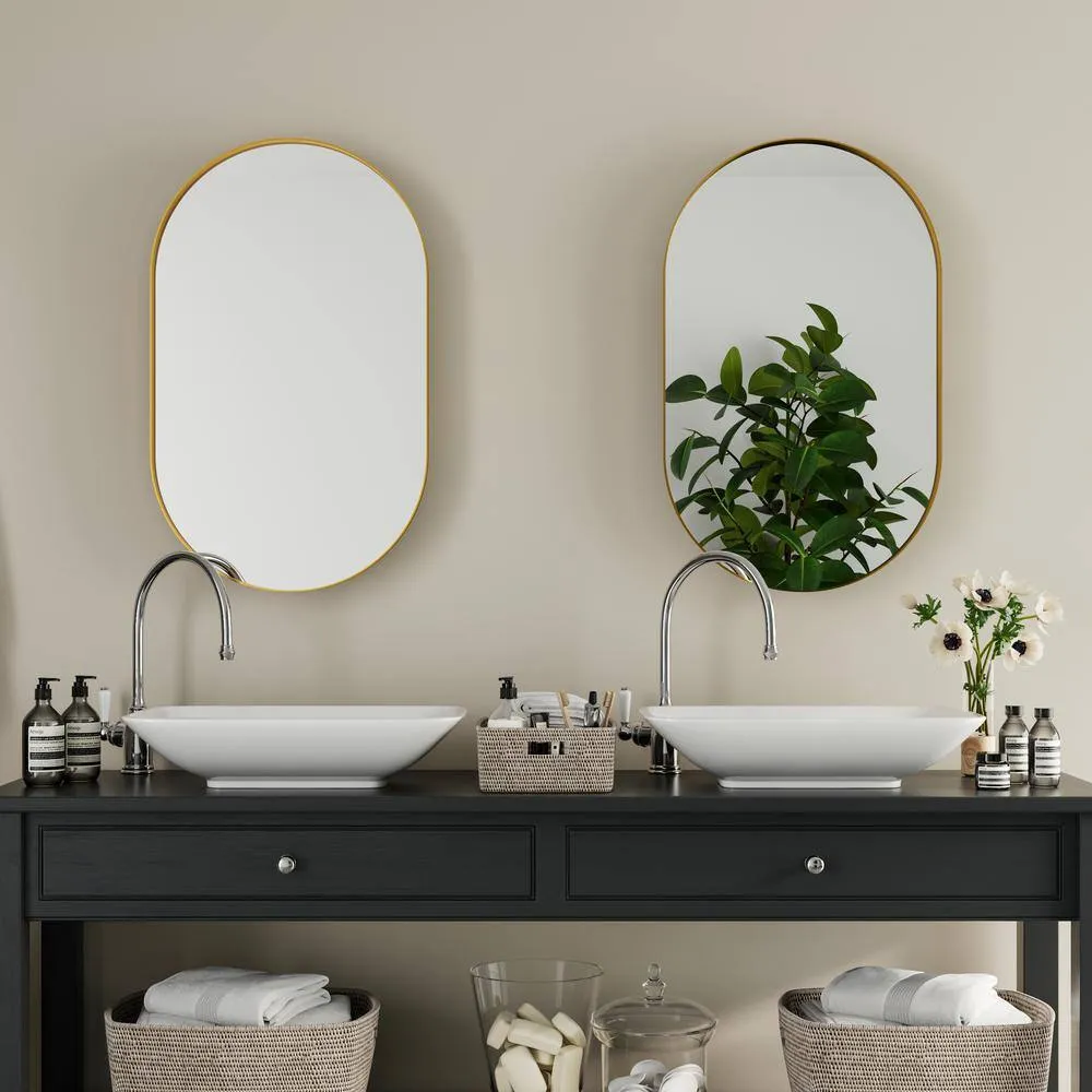 Tenleaf 20.47 in. W x 33.46 in. H Oval Metal Medicine Cabinet with Mirror, Wall Cabinet with Adjustable Shelves, Gold, photo 6 of 10