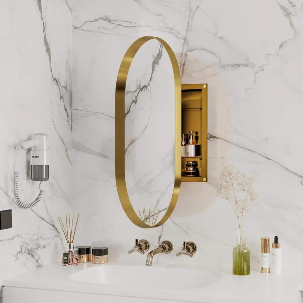 Tenleaf 20.47 in. W x 33.46 in. H Oval Metal Medicine Cabinet with Mirror, Wall Cabinet with Adjustable Shelves, Gold, photo 5 of 10