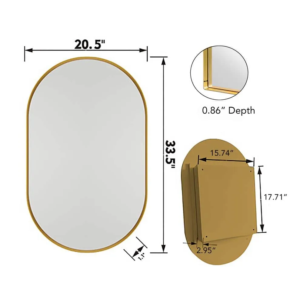 Tenleaf 20.47 in. W x 33.46 in. H Oval Metal Medicine Cabinet with Mirror, Wall Cabinet with Adjustable Shelves, Gold, photo 9 of 10
