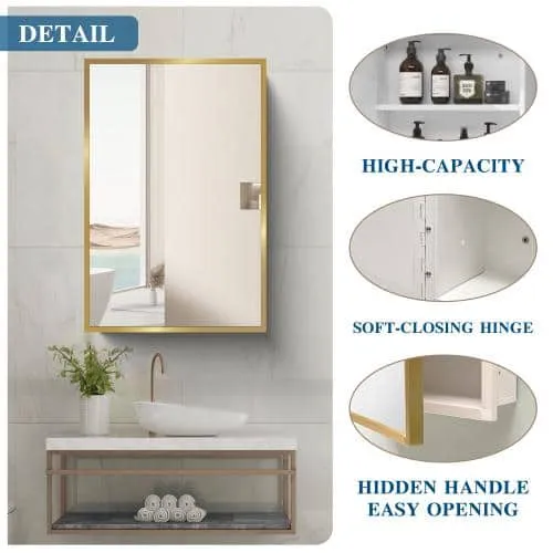 Aoibox 16 in. W x 28 in. H Rectangular Metal Medicine Cabinet with Mirror in Gold White for Bathroom, photo 3 of 7