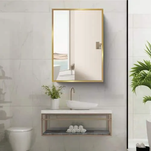 Aoibox 16 in. W x 28 in. H Rectangular Metal Medicine Cabinet with Mirror in Gold White for Bathroom, photo 6 of 7