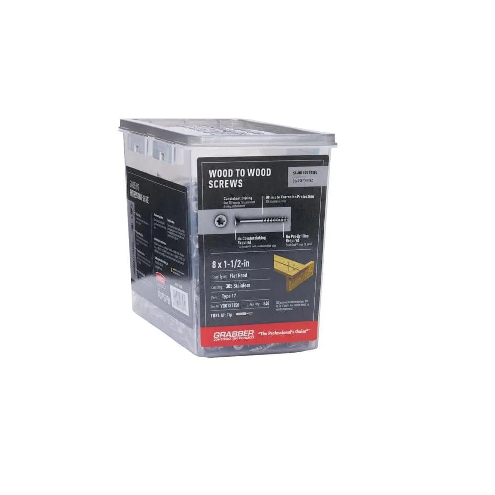 Grabber #8 x 1 1/2 in. Star Drive Flat head Exterior Stainless Steel Wood Deck Screws (5 lb. box), photo 9 of 10
