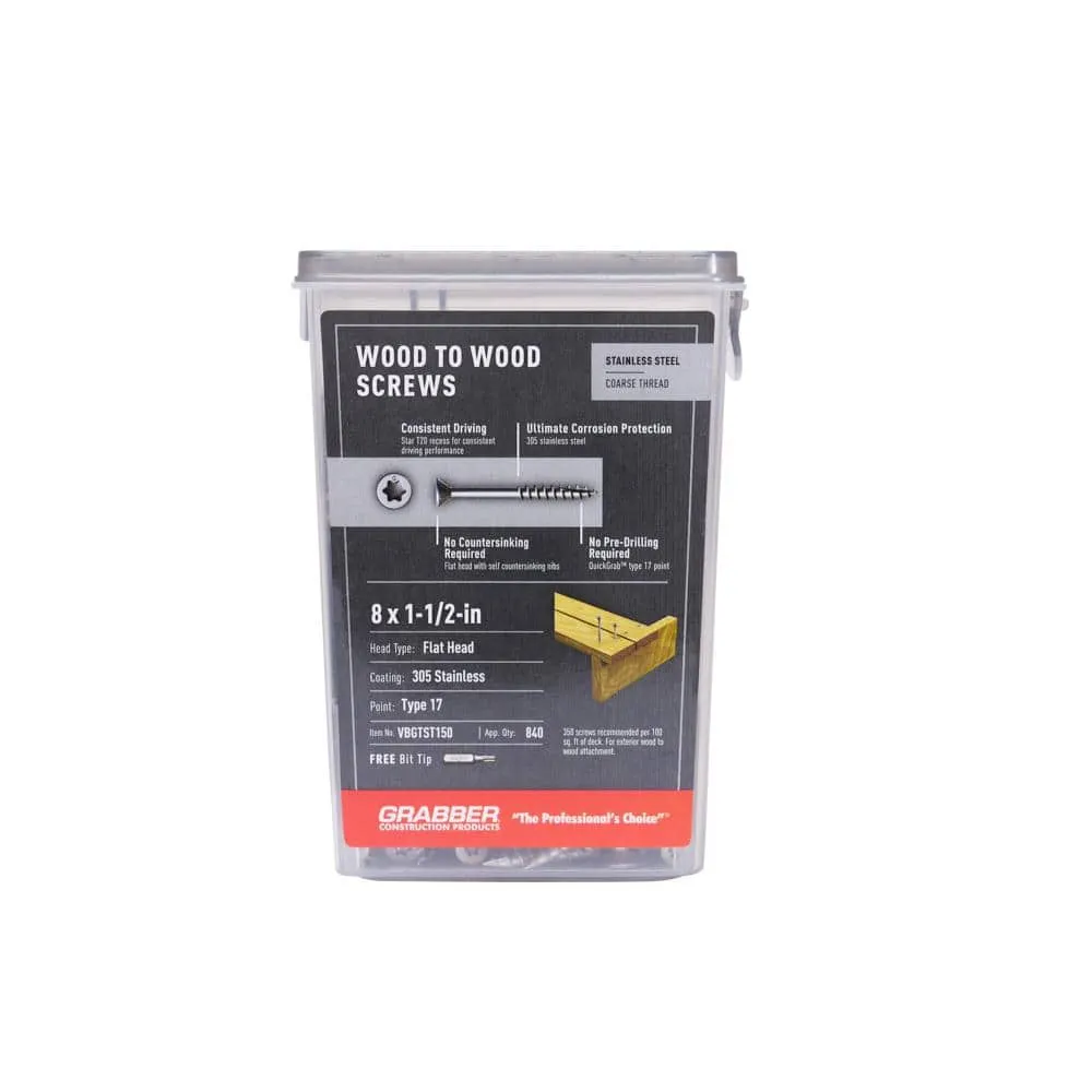 Grabber #8 x 1 1/2 in. Star Drive Flat head Exterior Stainless Steel Wood Deck Screws (5 lb. box), photo 8 of 10