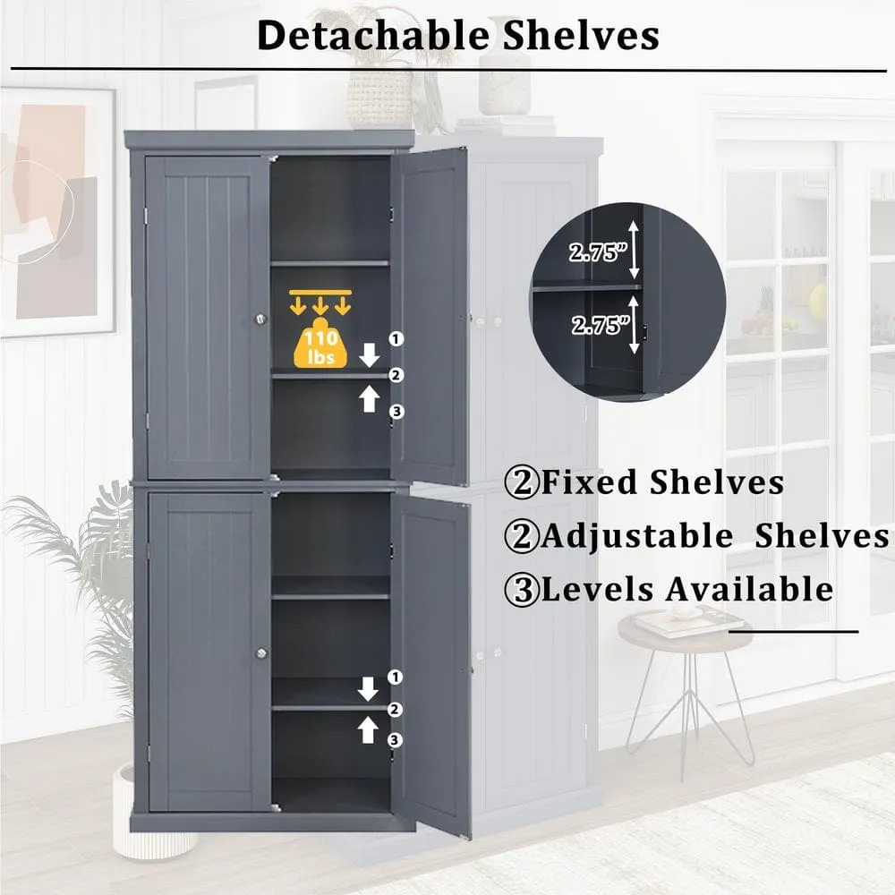 Adrinfly 30 in. W x 14 in. D x 72.4 in. H in Gray MDF Ready to Assemble Kitchen Cabinet Pantry with 4-Doors & Adjustable Shelves, photo 3 of 7