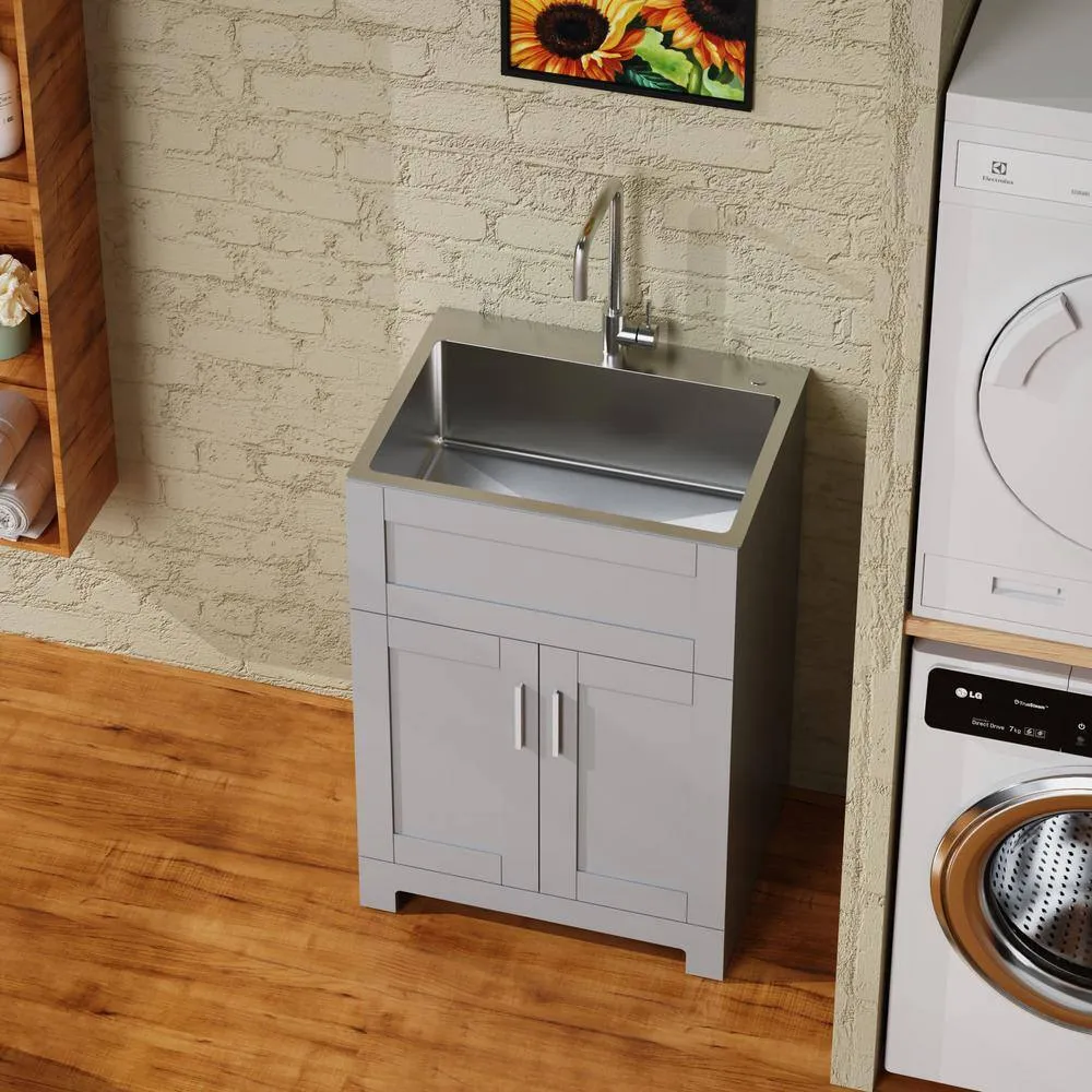 ANGELES HOME 24 in. Gray MDF Drop-in Stainless Steel Laundry Sink with Cabinet, photo 7 of 7