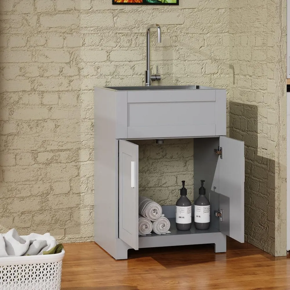 ANGELES HOME 24 in. Gray MDF Drop-in Stainless Steel Laundry Sink with Cabinet, photo 6 of 7