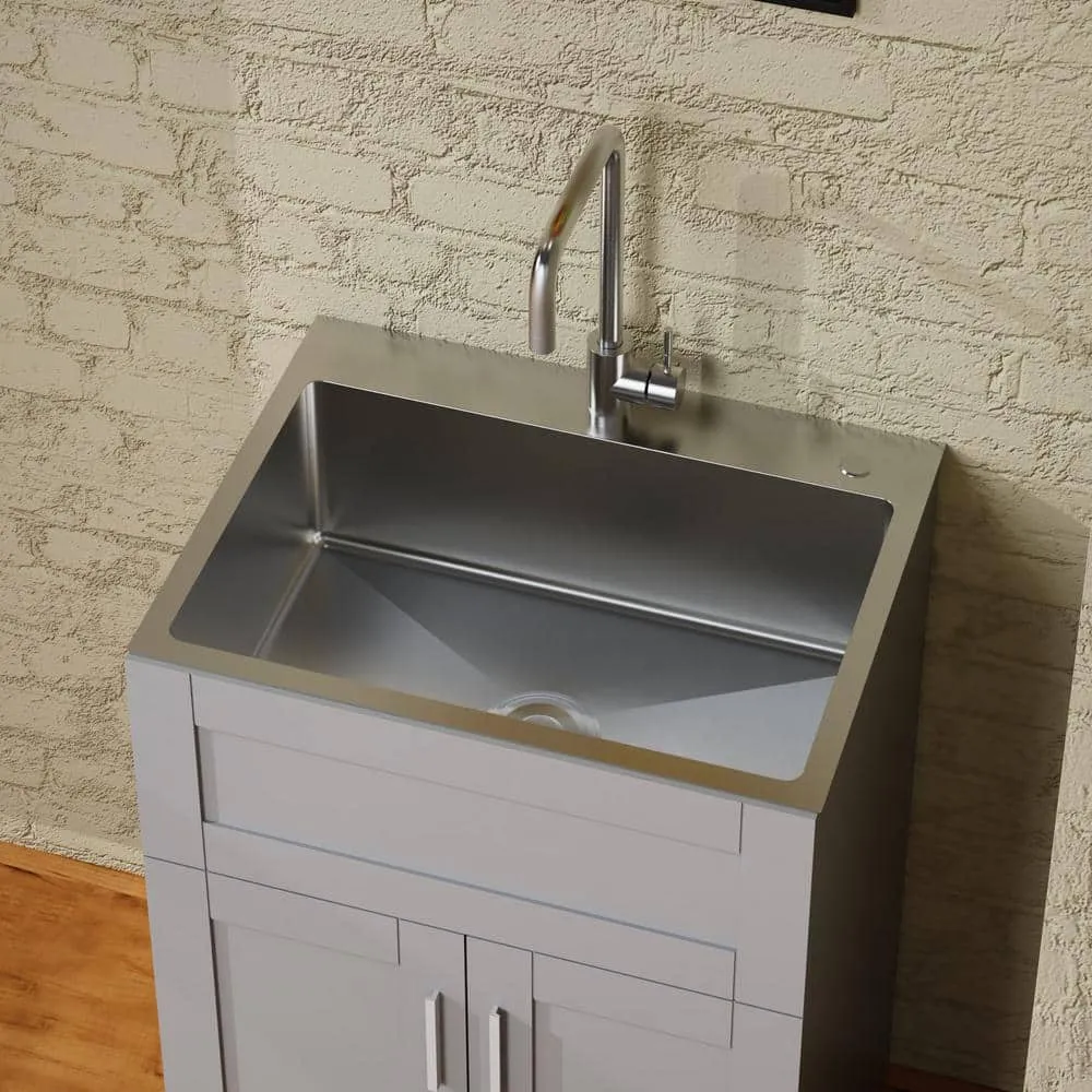 ANGELES HOME 24 in. Gray MDF Drop-in Stainless Steel Laundry Sink with Cabinet, photo 4 of 7
