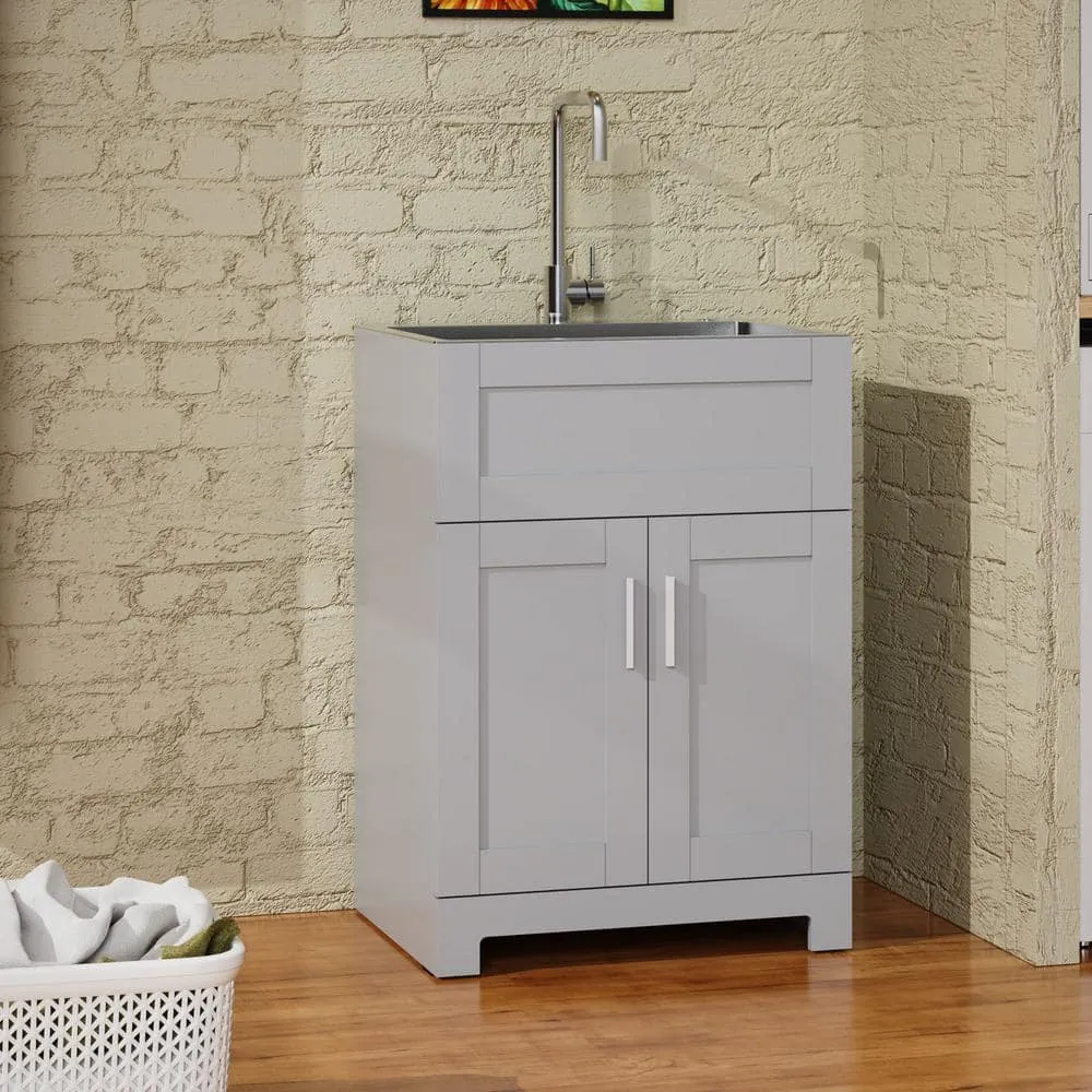 ANGELES HOME 24 in. Gray MDF Drop-in Stainless Steel Laundry Sink with Cabinet, photo 2 of 7