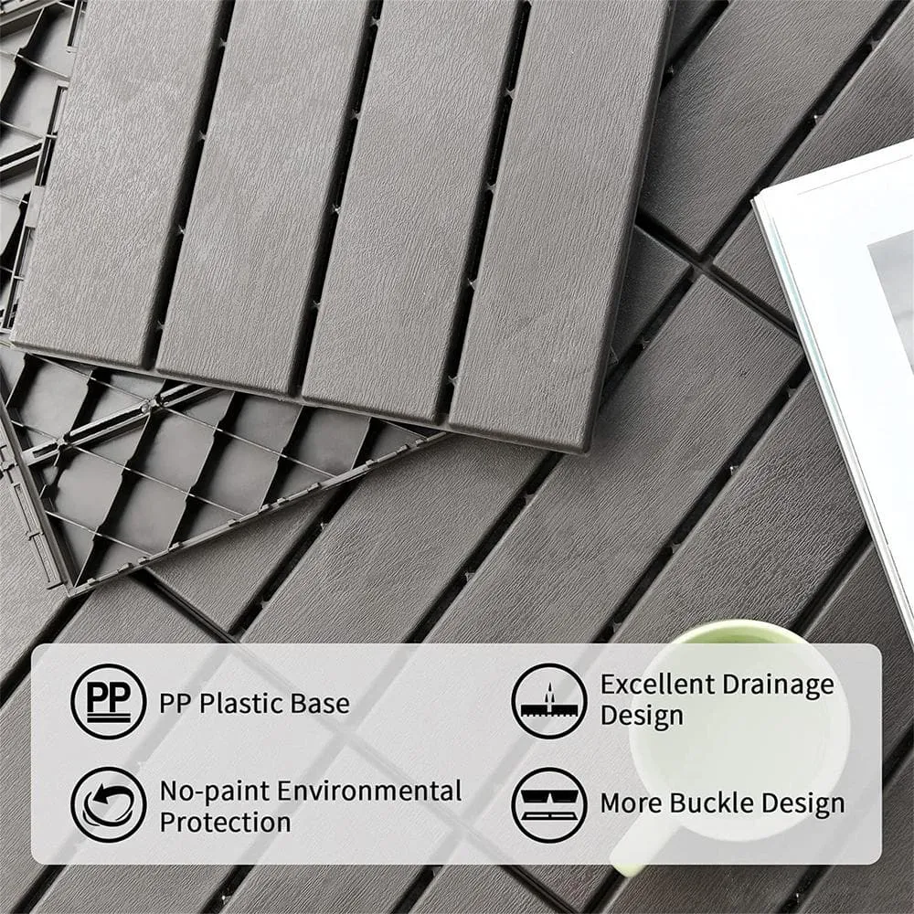 cadeninc 12 in. x 12 in. Dark Gray Square 4 Slat Plastic Outdoor Flooring Tiles All Weather (Set of 44 Tiles), photo 4 of 5