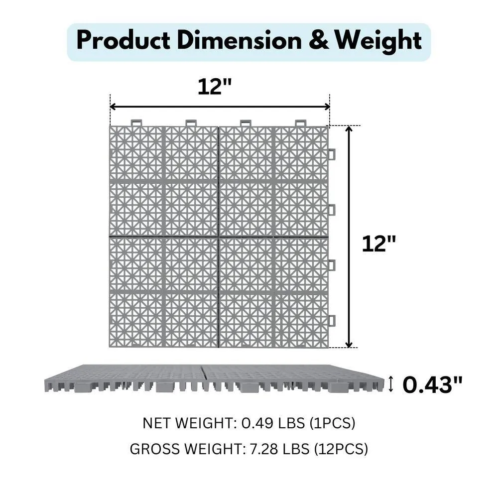 Siavonce 1 ft. x 1 ft. Interlocking Plastic Deck Tiles in Gray Waterproof Outdoor Composite Shower Balcony Porch (Pack of 1), photo 4 of 7