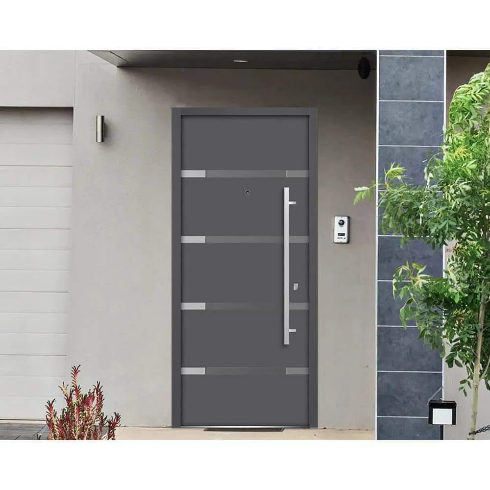 VDOMDOORS 36 in. x 80 in. Single Panel Right-Hand/Inswing 4 Lites Tinted Glass Gray Finished Steel Prehung Front Door with Handle, photo 2 of 2