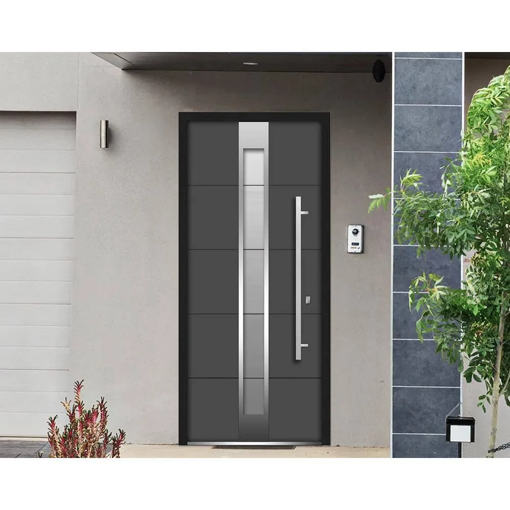 VDOMDOORS 36 in. x 80 in. Single Panel Left-Hand/Inswing 4 Lites Frosted Glass Gray Finished Steel Prehung Front Door with Handle, photo 2 of 2