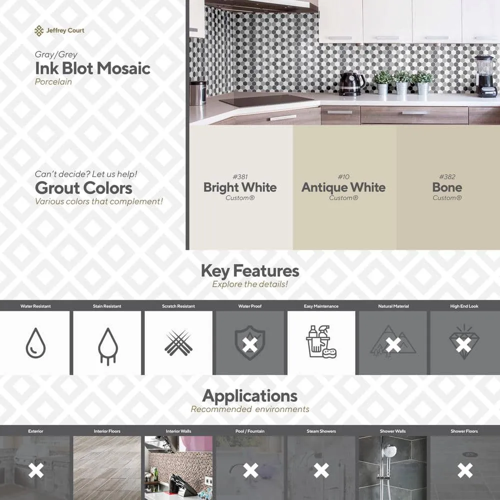Jeffrey Court Ink Blot Gray 12.625 in. x 10.875 in. Hexagon Matte Porcelain Wall and Floor Mosaic Tile (14.30 sq. ft./Case), photo 7 of 7