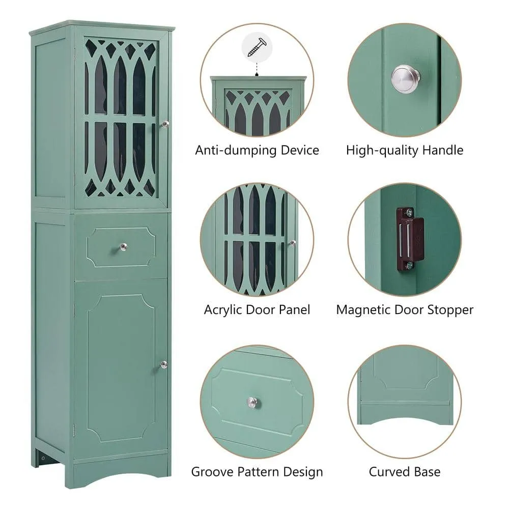 FUNKOL 14.2 in. W x 16.5 in. D x 63.8 in. H Ready to Assemble Floor Base Kitchen Cabinet in Green with 2-Doors and 1-Drawer, photo 8 of 11