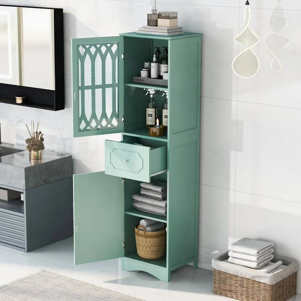 FUNKOL 14.2 in. W x 16.5 in. D x 63.8 in. H Ready to Assemble Floor Base Kitchen Cabinet in Green with 2-Doors and 1-Drawer, photo 2 of 11