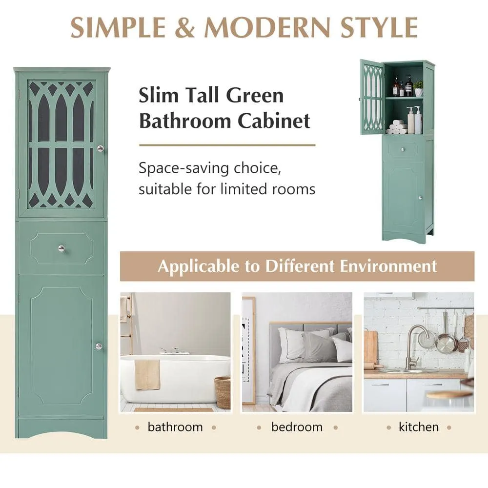 FUNKOL 14.2 in. W x 16.5 in. D x 63.8 in. H Ready to Assemble Floor Base Kitchen Cabinet in Green with 2-Doors and 1-Drawer, photo 7 of 11